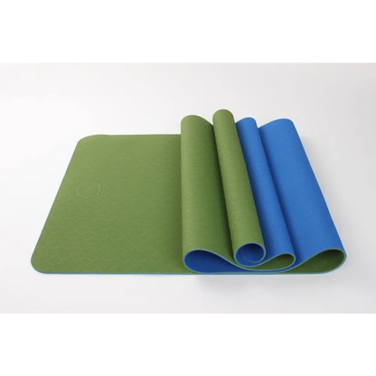 Partially rolled green and blue Premium TPE Yoga Mat in Orange & Gray for comfy workouts