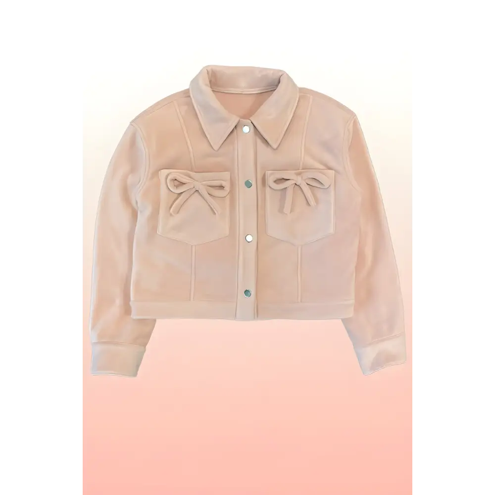 Light pink fleece bow jacket with cute bow pockets, perfect for stylish layering