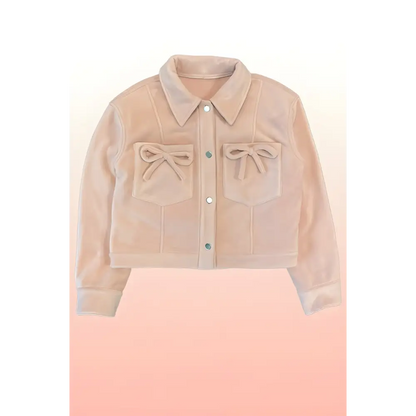 Light pink fleece bow jacket with cute bow pockets, perfect for stylish layering