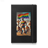 Black notebook with a Pride-themed weightlifting scene.
