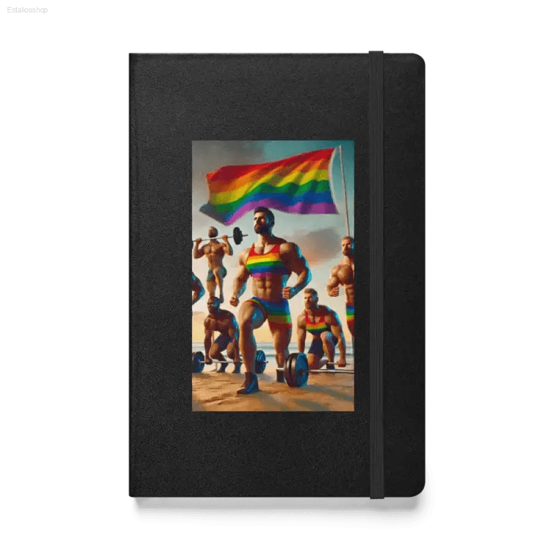 Black notebook with a Pride-themed weightlifting scene.