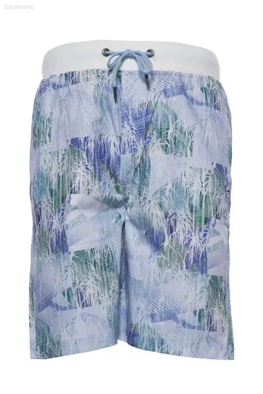 Patterned swim trunks with drawstring.