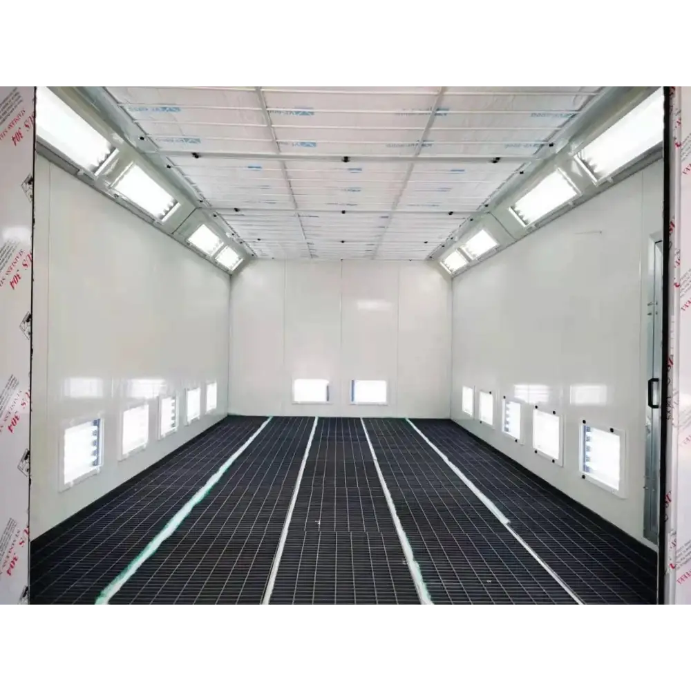 Clean and bright spray booth chamber with powder-coated light box for automotive car paint