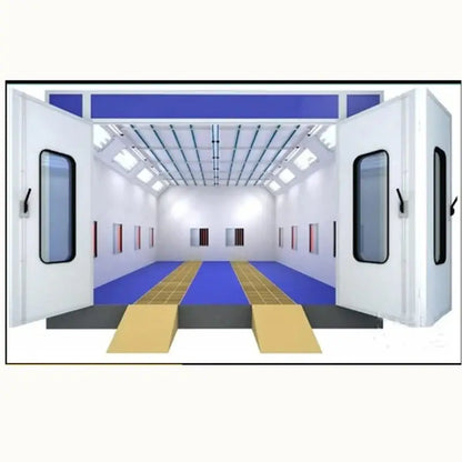 Automotive paint booth with open doors and powder-coated light box for spray booth chamber