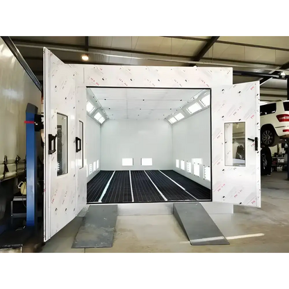 Open white spray paint booth featuring a powder-coated light box for optimal finishing