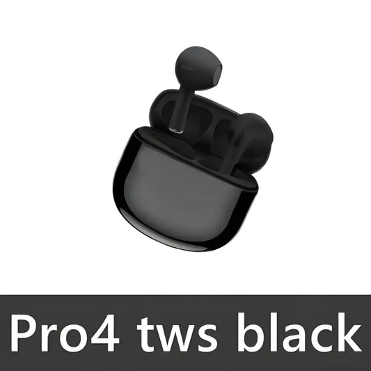 Black Pro4 TWS Bluetooth Earbuds with charging case, featuring 9D Stereo Sound