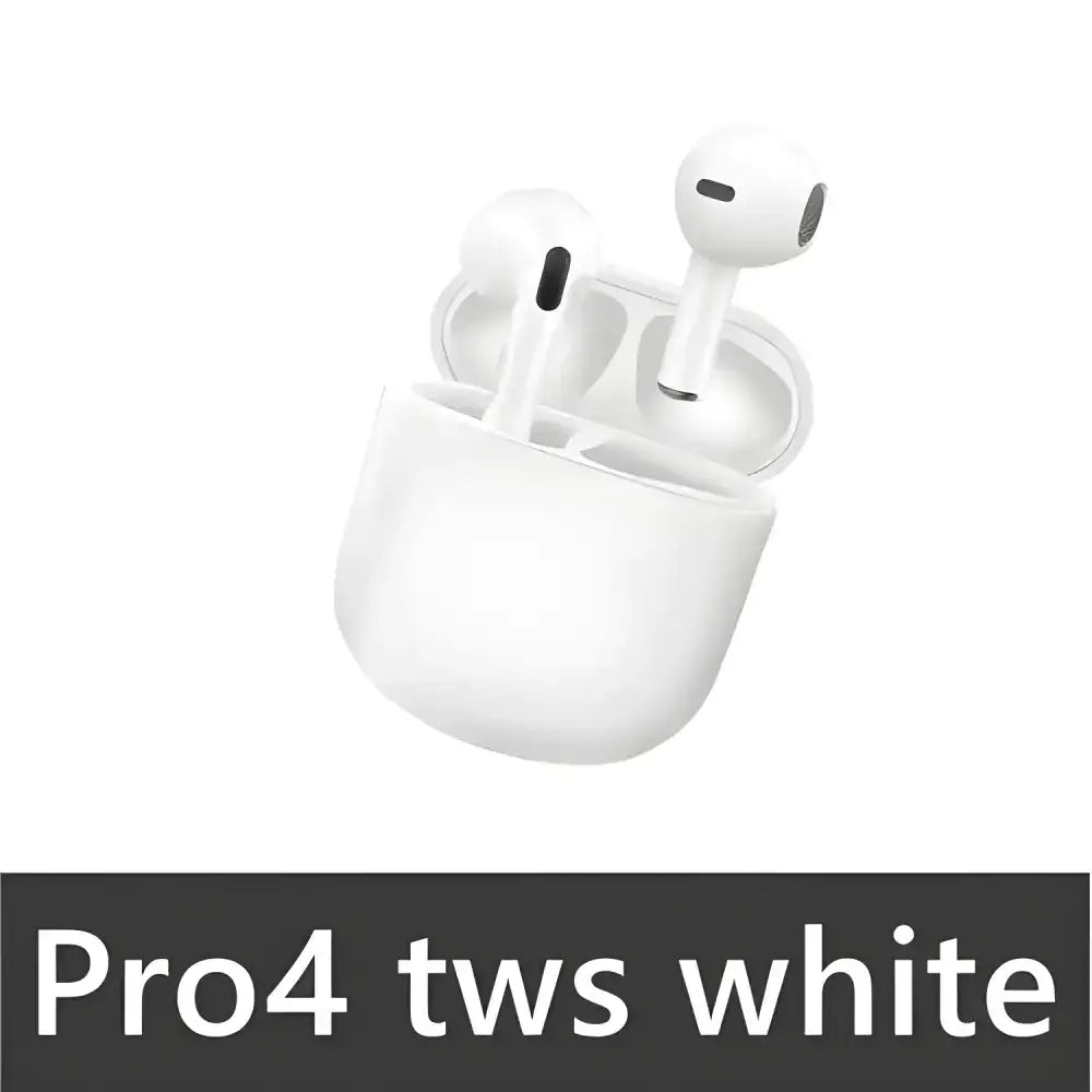 White Pro4 TWS Bluetooth Earbuds with charging case, featuring 9D stereo sound