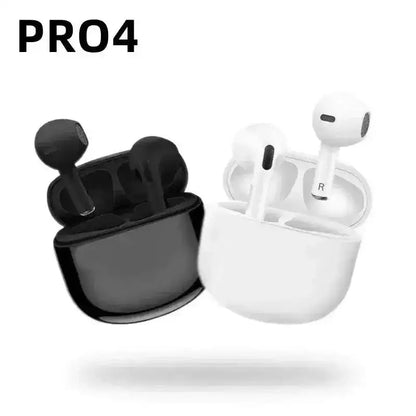 Black and white Pro4 TWS Bluetooth Earbuds with charging case for 9D stereo sound