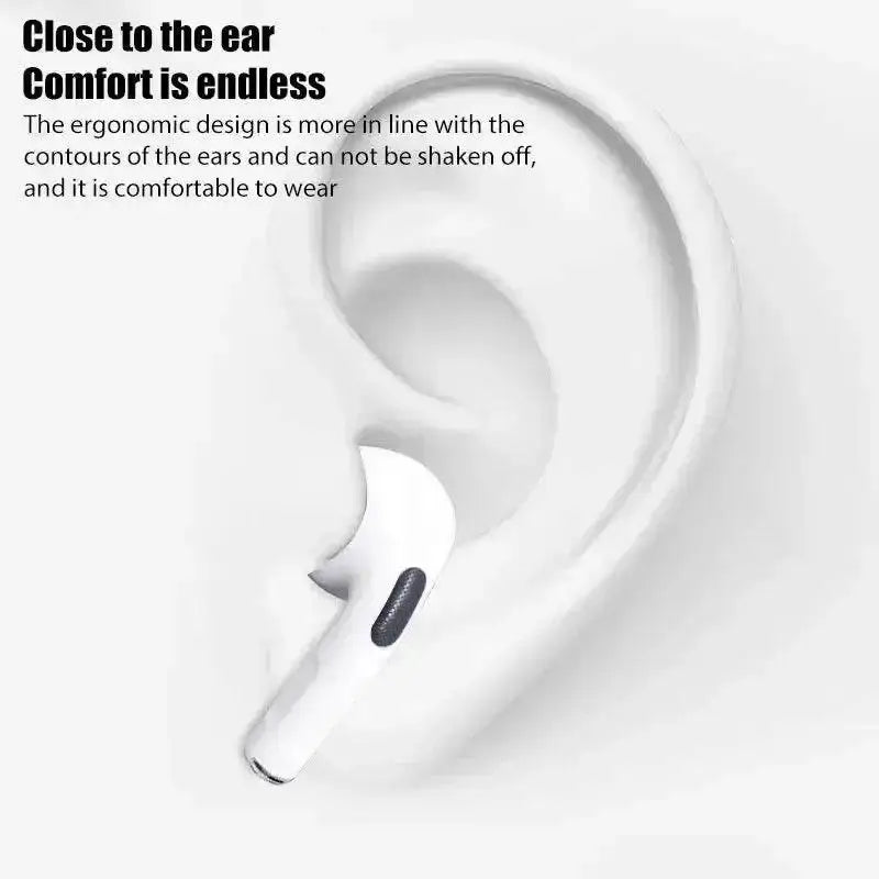 White Pro4 TWS Bluetooth earbuds in ear, delivering amazing 9D stereo sound