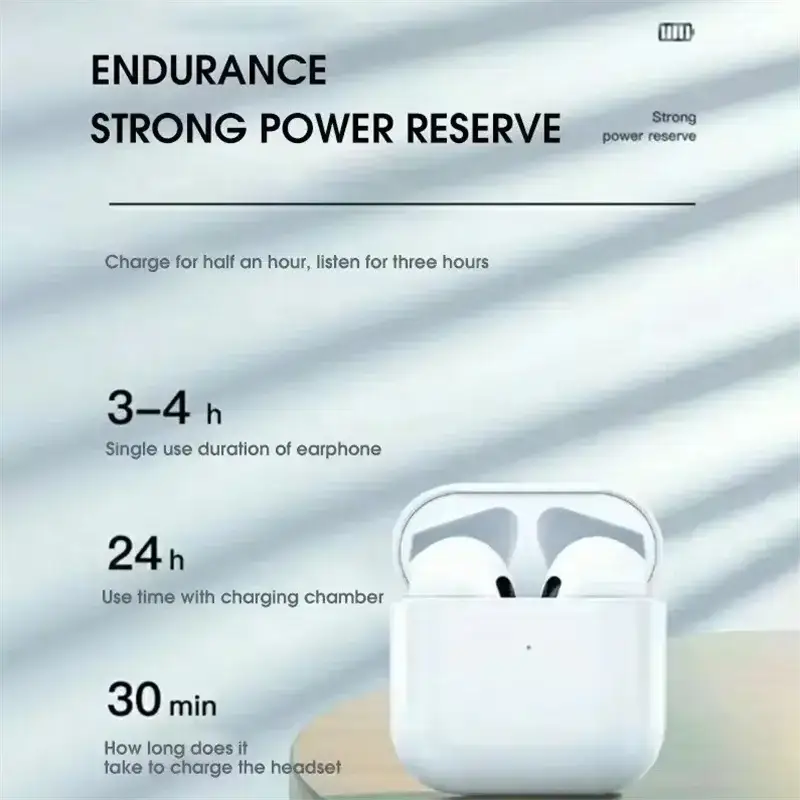 White wireless earbuds in charging case for Pro4 TWS Bluetooth Earphones 9D Stereo Sound