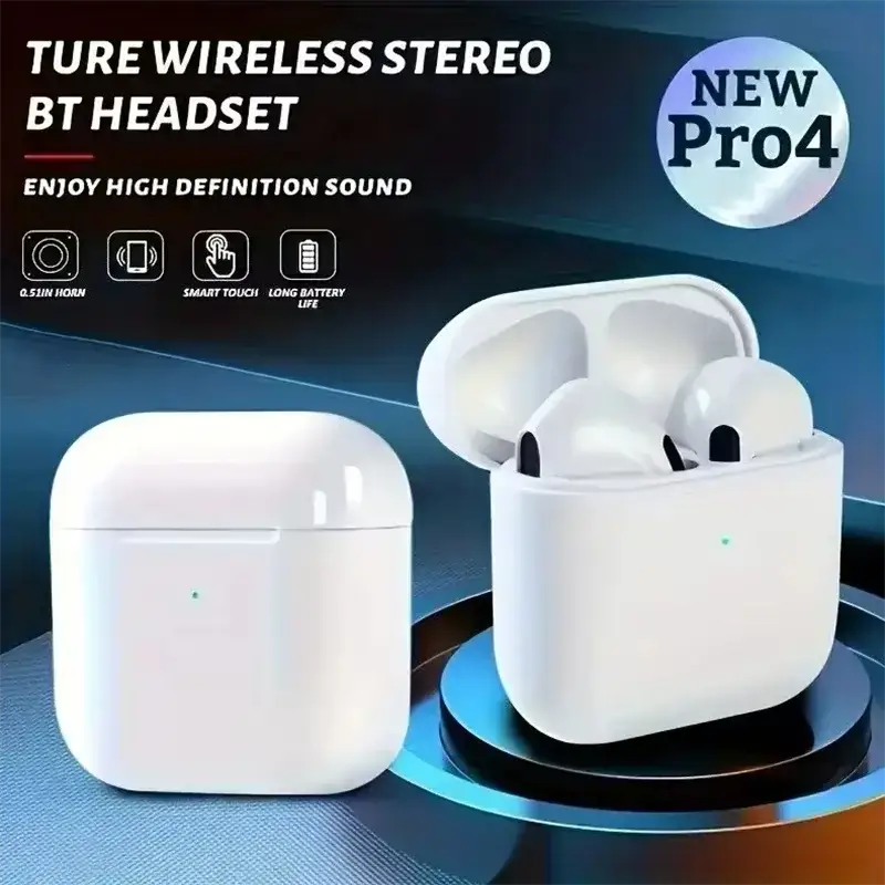 White Pro4 TWS Bluetooth Earphones with charging case for 9D stereo sound