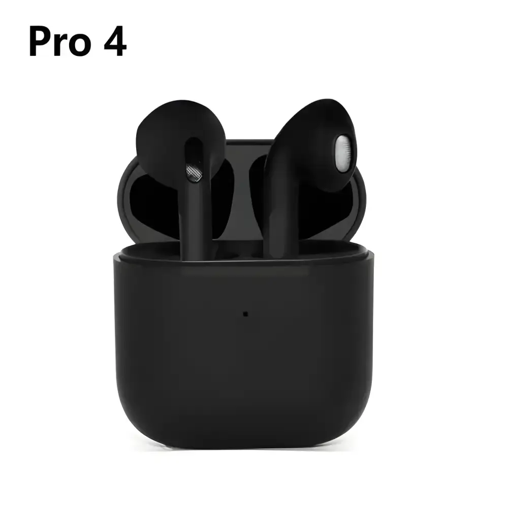 Black Pro4 TWS Bluetooth Earphones in charging case for 9D stereo sound