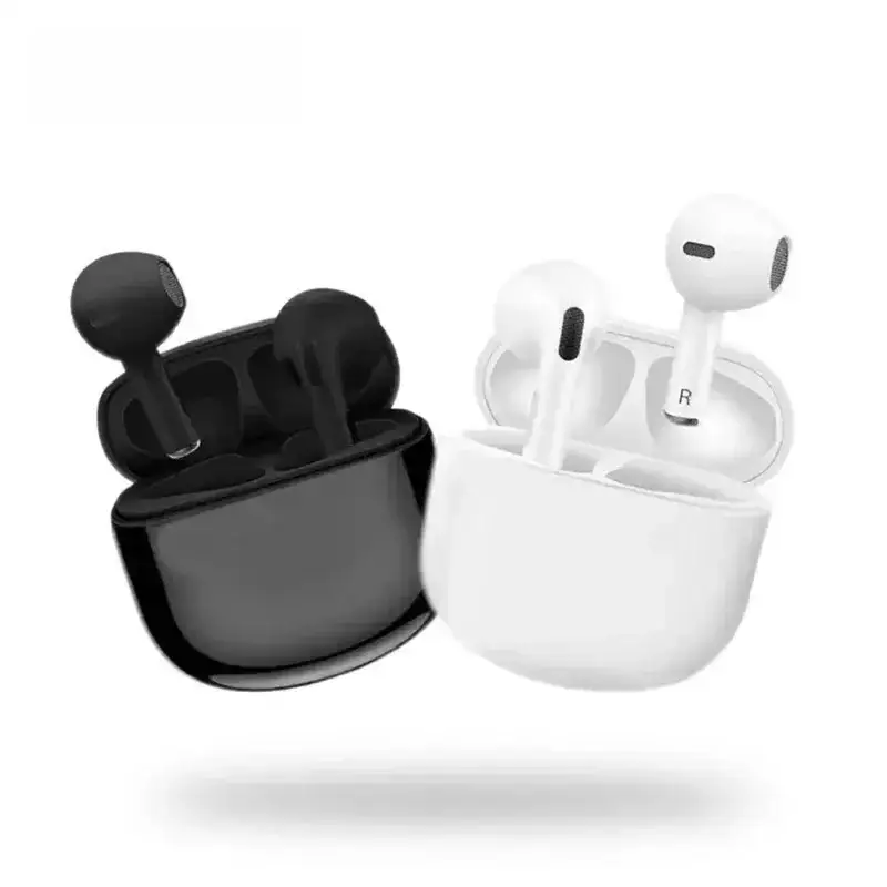 Black and white Pro4 TWS Bluetooth earphones with charging case, featuring 9D stereo sound