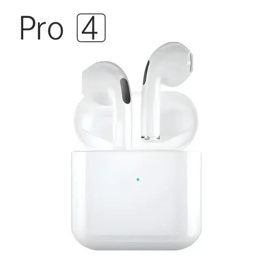 White Pro4 TWS Bluetooth Earphones with charging case for 9D stereo sound experience