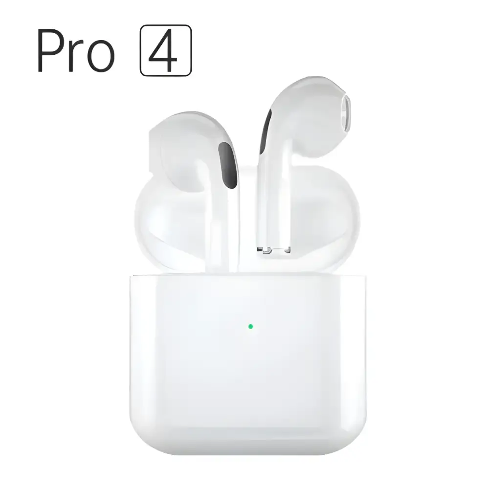 White wireless earbuds and charging case for Pro4 TWS Bluetooth Earphones with 9D Stereo Sound