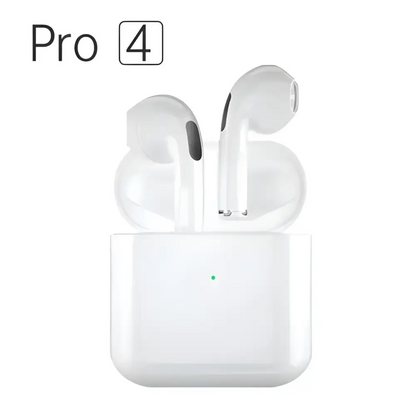 White wireless earbuds and charging case for Pro4 TWS Bluetooth Earphones with 9D Stereo Sound