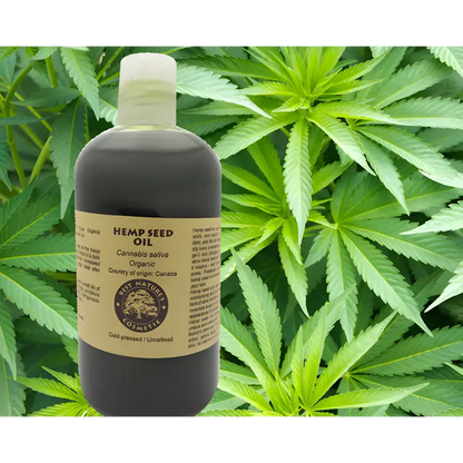 Bottle of Pure Hemp Seed Oil Power, cold pressed hemp seed oil for natural wellness