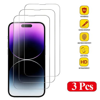 Three tempered glass screen protectors for iPhone 15 Pro Max in Purple Case & Tempered Glass 5pcs