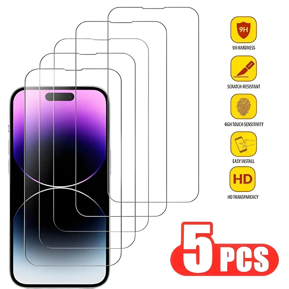 Five tempered glass 5pcs screen protectors for iPhone 15 Pro Max in a Purple Case