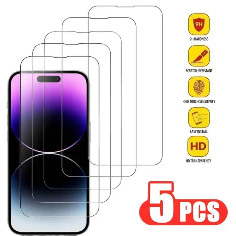 Five phone screen protectors for iPhone 15 Pro Max, featuring tempered glass 5pcs