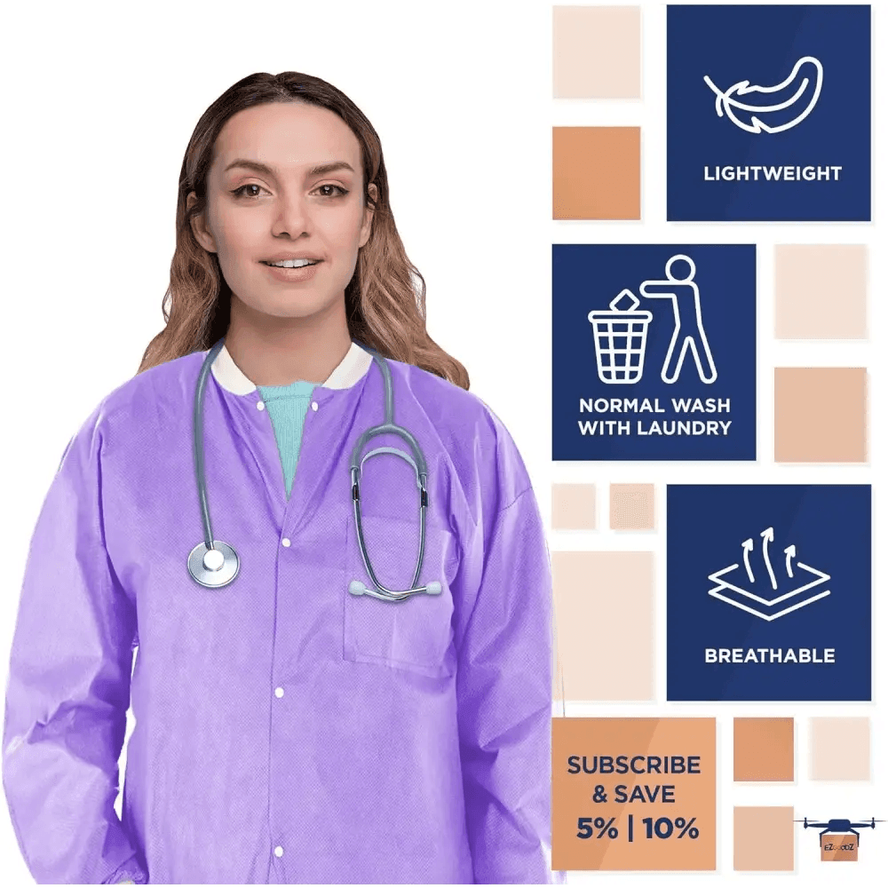 Unleash Ultra Violet: Grab your Purple Disposable Lab Jacket Pack Now! Here's the Product Description you Requested: Step Into the Lab with Confidence - Estalios