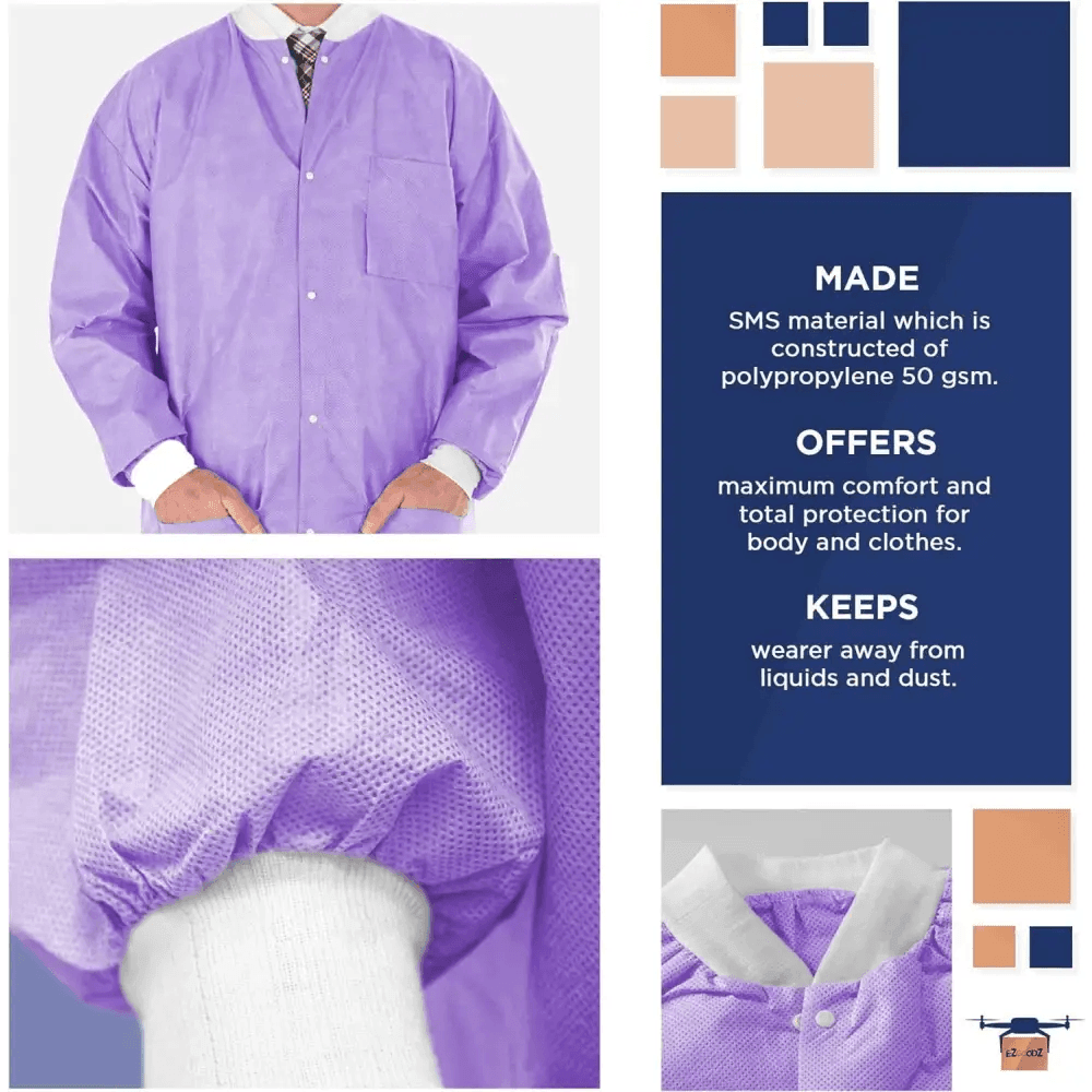 Unleash Ultra Violet: Grab your Purple Disposable Lab Jacket Pack Now! Here's the Product Description you Requested: Step Into the Lab with Confidence - Estalios
