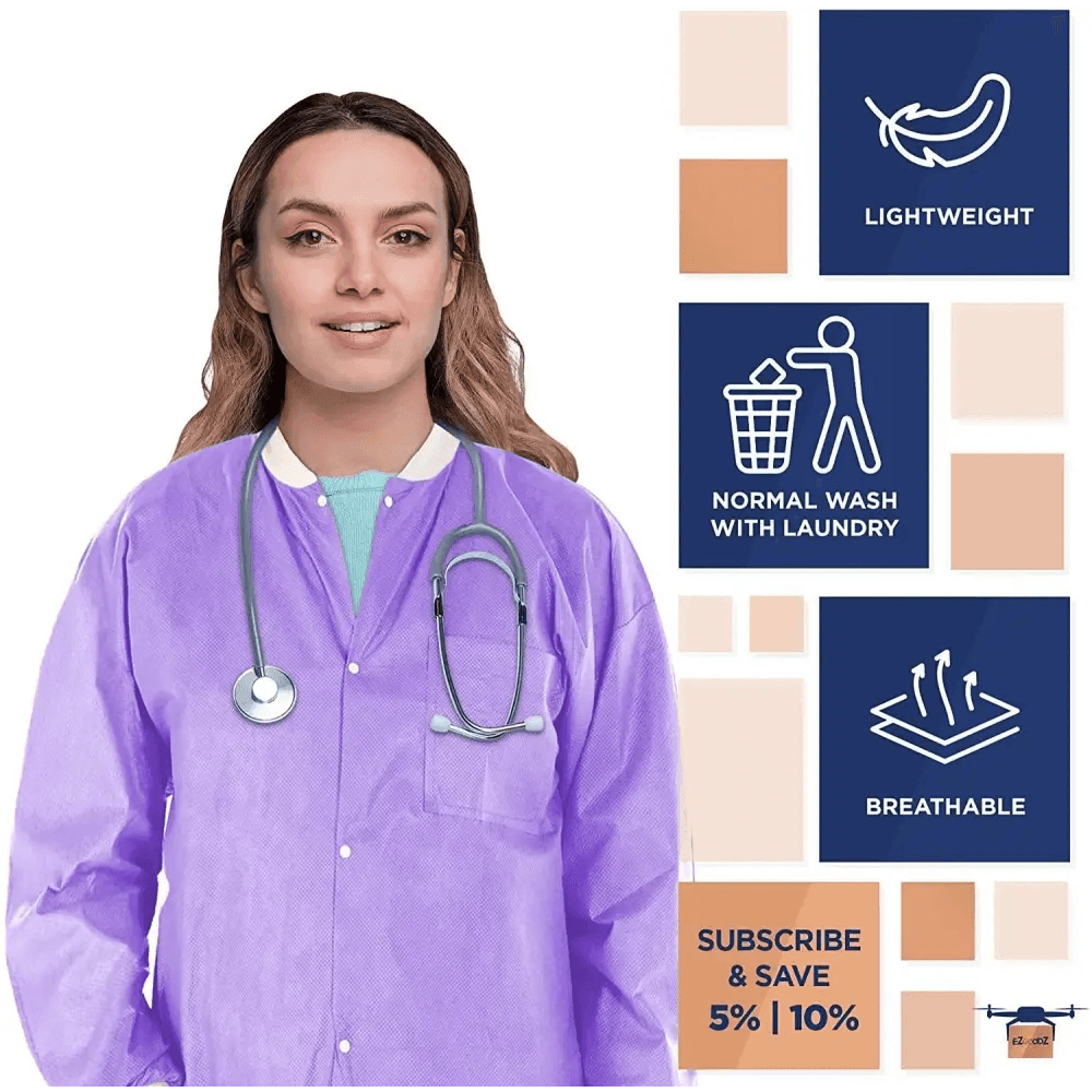 Unleash Ultra Violet: Grab your Purple Disposable Lab Jacket Pack Now! Here's the Product Description you Requested: Step Into the Lab with Confidence - Estalios