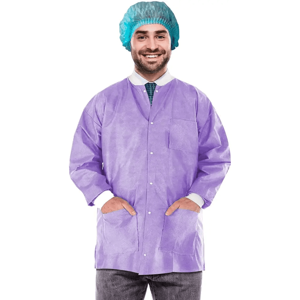 Unleash Ultra Violet: Grab your Purple Disposable Lab Jacket Pack Now! Here's the Product Description you Requested: Step Into the Lab with Confidence - Estalios