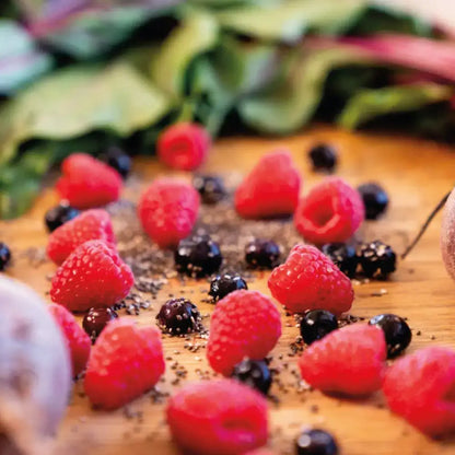 Fresh raspberries and blueberries in Purple Power Blast to help gain strength