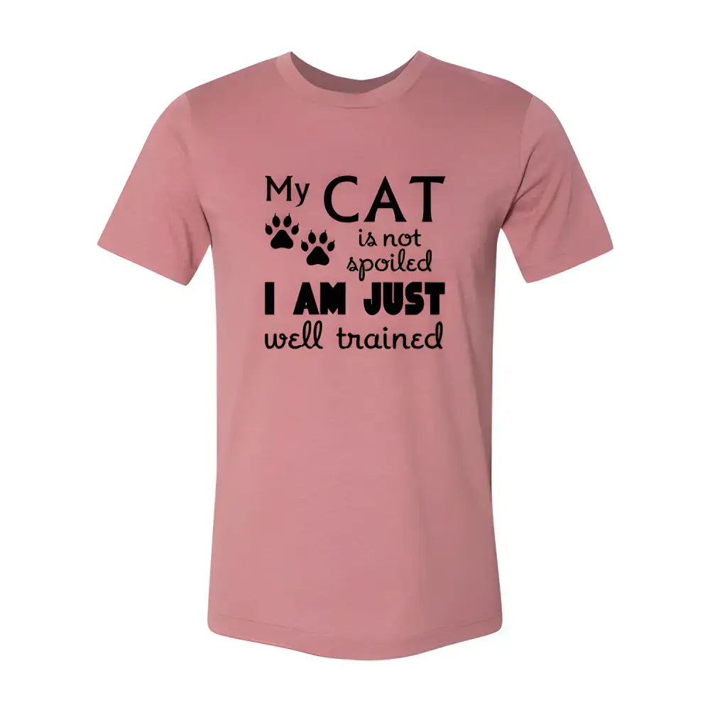 Pink t-shirt with cat-themed text from Purrfect Athletic Heather Cat Tees collection