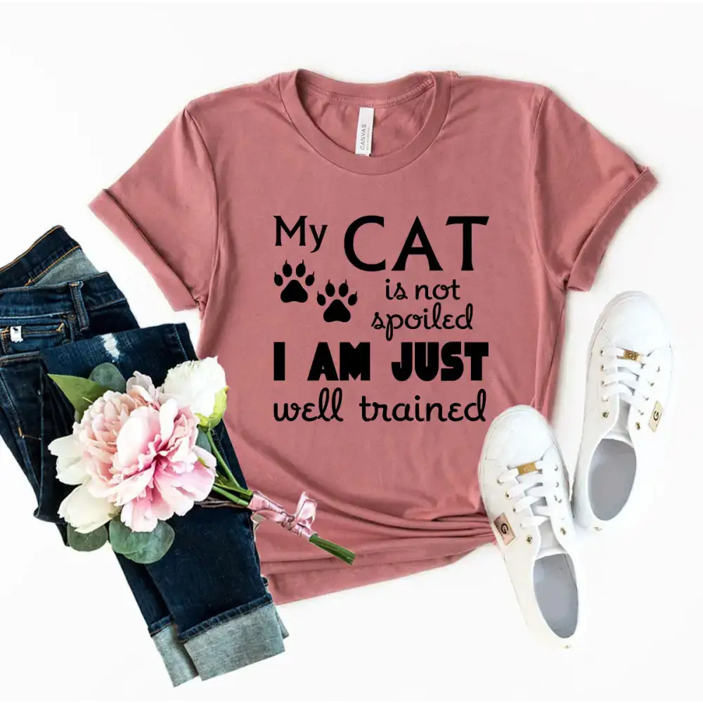 Mauve athletic heather t-shirt with fun cat-themed text for cat lovers