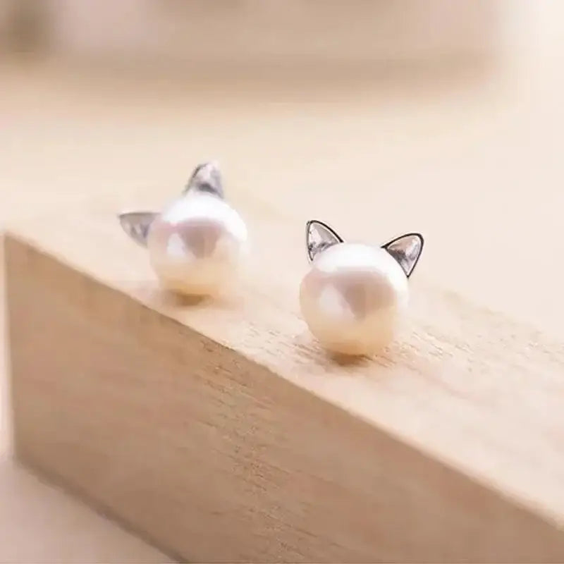 Cute Purrfect Pearl Cat Stud Earrings featuring small pearl cat design