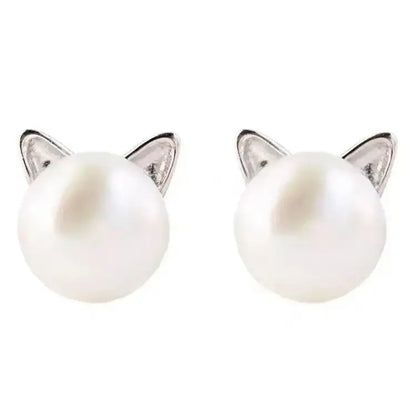 Purrfect Pearl Cat Stud Earrings featuring small pearl cat design for cute cat lovers