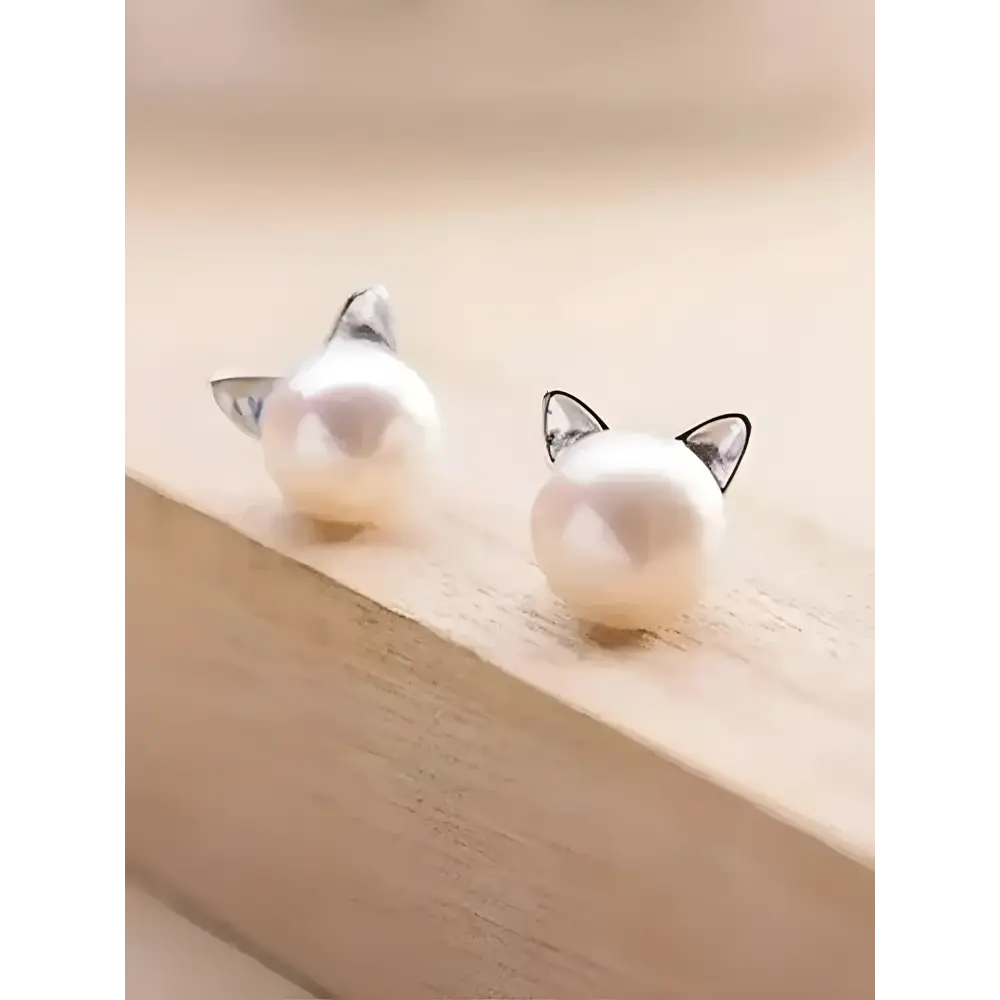 Cute Pearl Cat Stud Earrings showcasing small pearl cat design for playful style