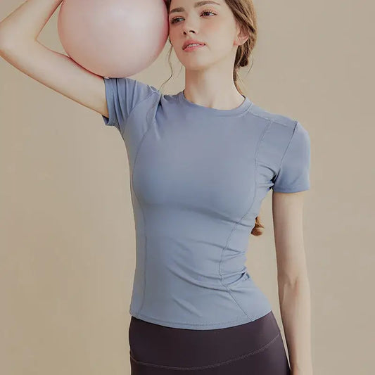 Blue athletic t-shirt for quick-dry yoga clothes and slim short-sleeved fitness fun