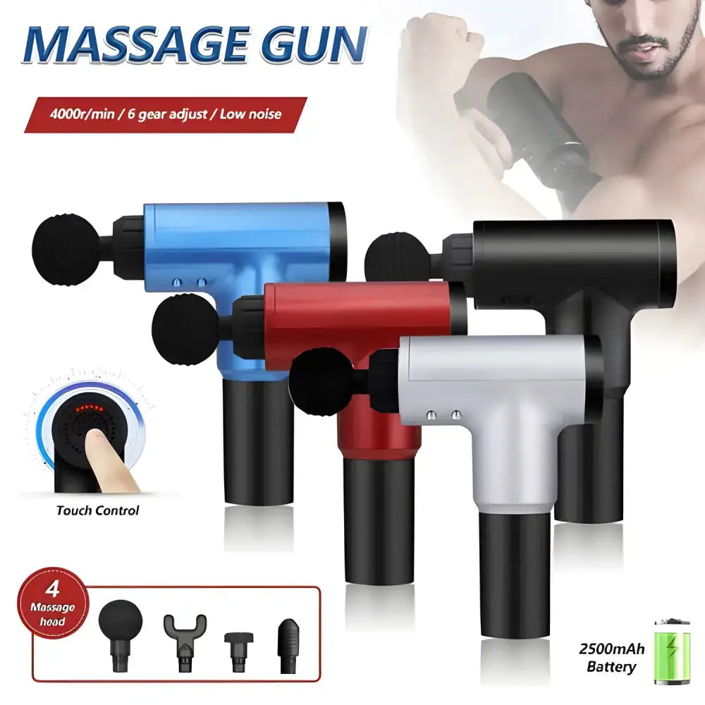 Four colorful Quiet Power Pro Muscle Therapy Guns for effective tissue massage