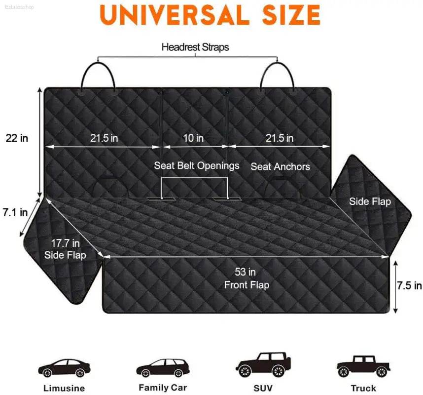 Black quilted car seat cover with dimensions.