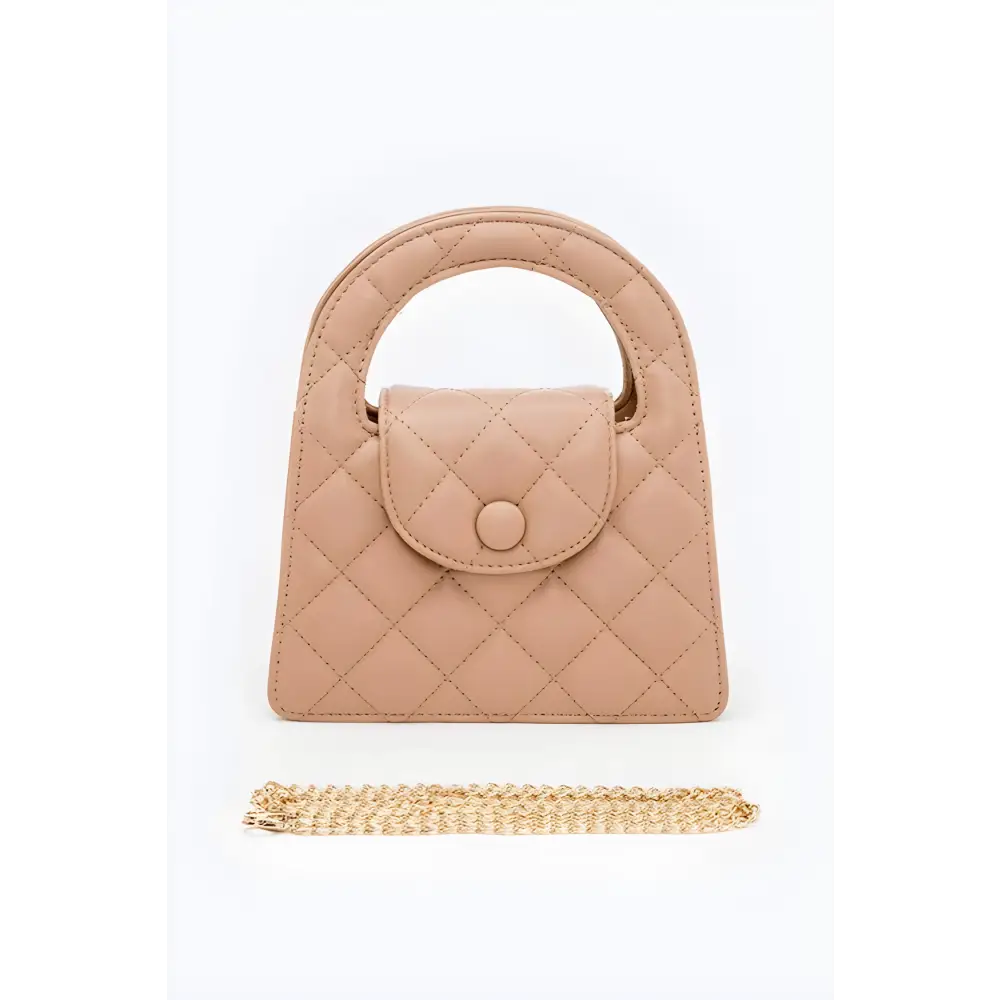 Quilted Beige Handbag with Gold Chain - Stylish Convertible Quilted Clutch Swing Bag