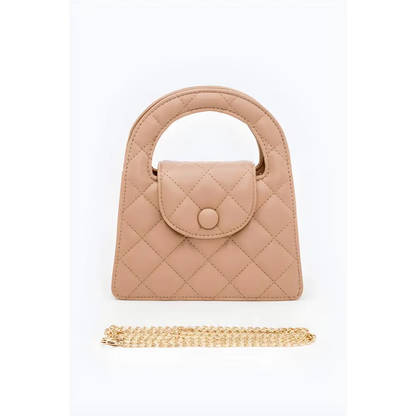 Quilted Beige Handbag with Gold Chain - Stylish Convertible Quilted Clutch Swing Bag