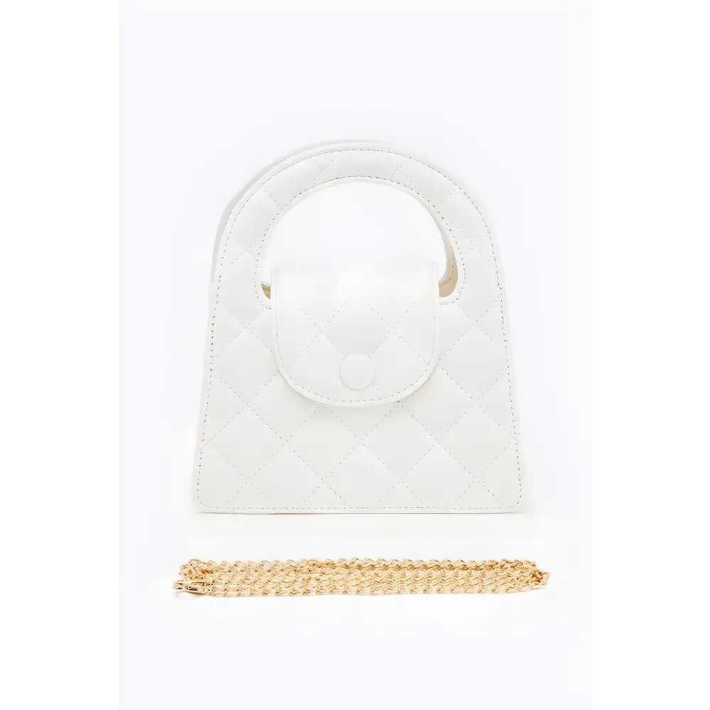 Stylish White Quilted Handbag with Gold Chain - Convertible Quilted Clutch Swing Bag