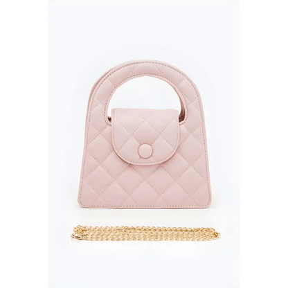 Quilted pink handbag with gold chain, a stylish Convertible Quilted Clutch Swing Bag