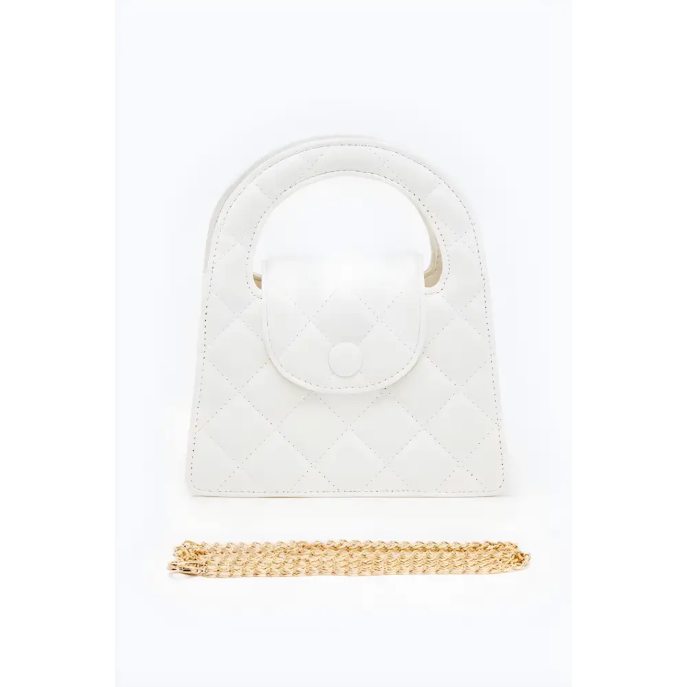 White quilted handbag with gold chain for stylish convertible quilted clutch use