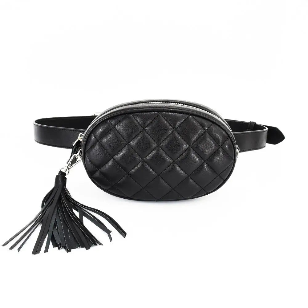 Black quilted belt bag with tassel, perfect fanny pack for women on the go