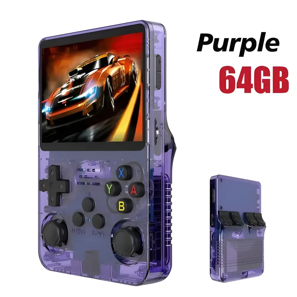 Purple R36S Retro Handheld gaming console, perfect for retro handheld video lovers