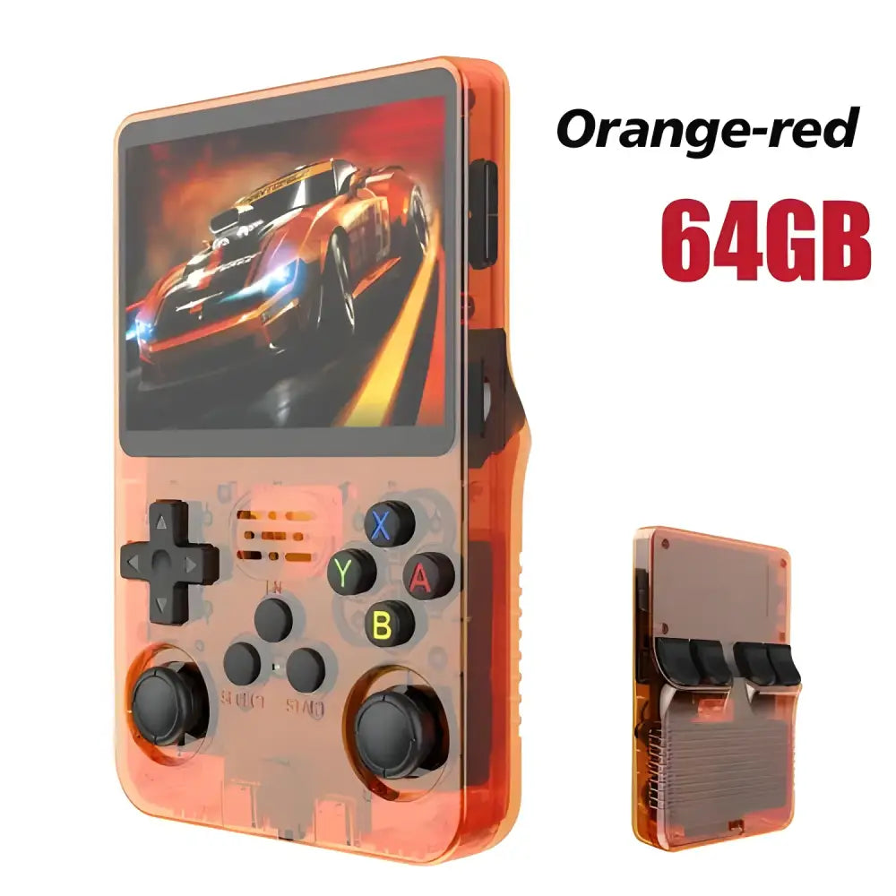 Orange-red R36S Retro Handheld Gaming console in the ’Goes Purple’ edition