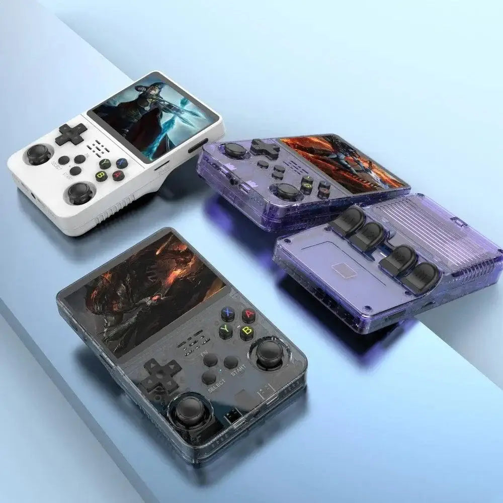 Four R36S Retro Handheld gaming consoles in purple showcasing retro handheld video fun