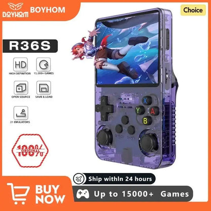 Purple R36S Retro Handheld gaming console showcasing open source retro gaming fun