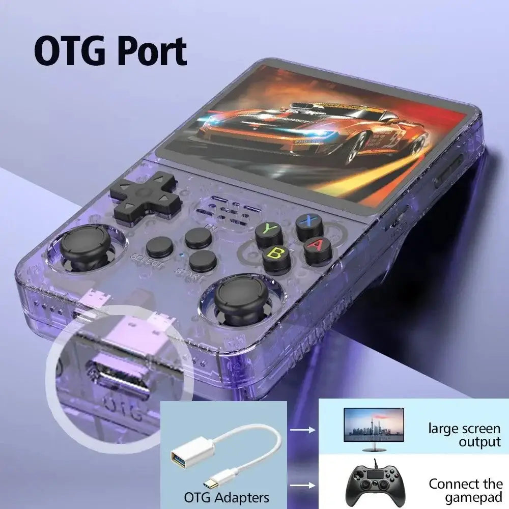 Transparent purple R36S Retro Handheld gaming console for retro video fun