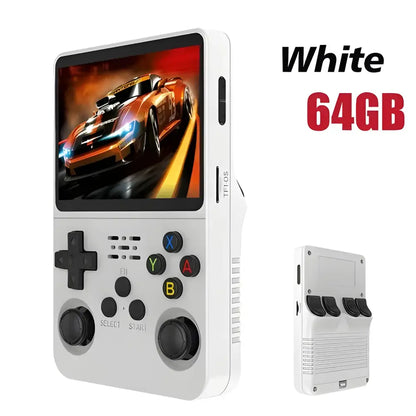 White R36S Retro Handheld Gaming console showcasing retro handheld video capabilities