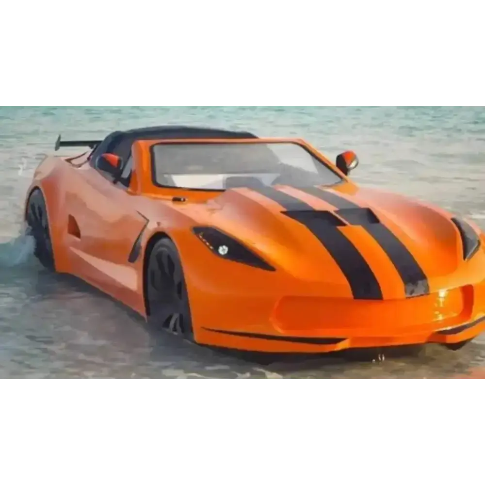 Orange convertible sports car with black racing stripes on Race Car Floating Jet Car Bed